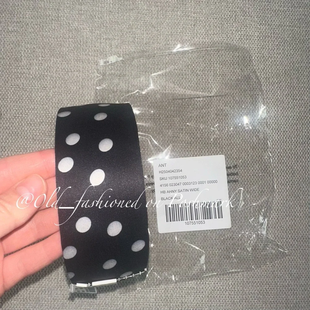ANTHRO Wide Satin Headband - Black and White Polka Dot